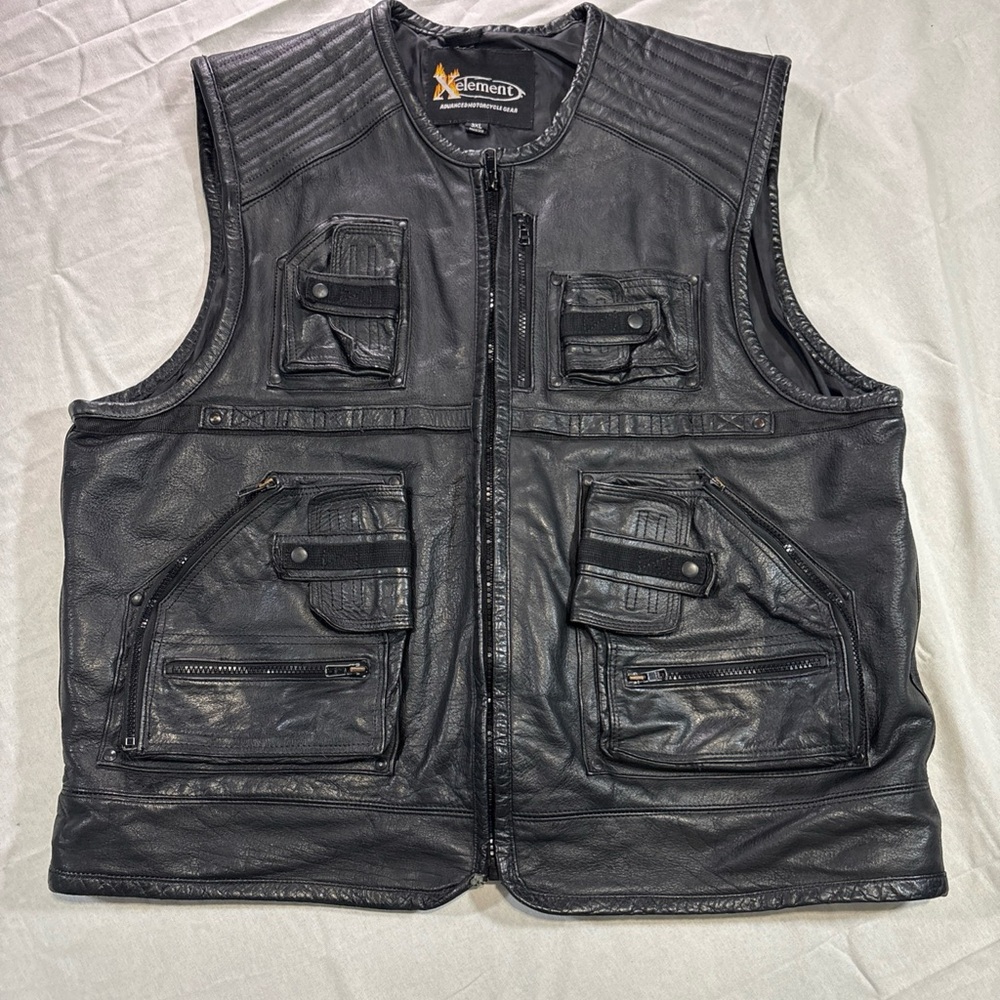 Xelement Men's 3XL Black Leather Motorcycle Biker Vest Pistol Pockets 8 Pockets